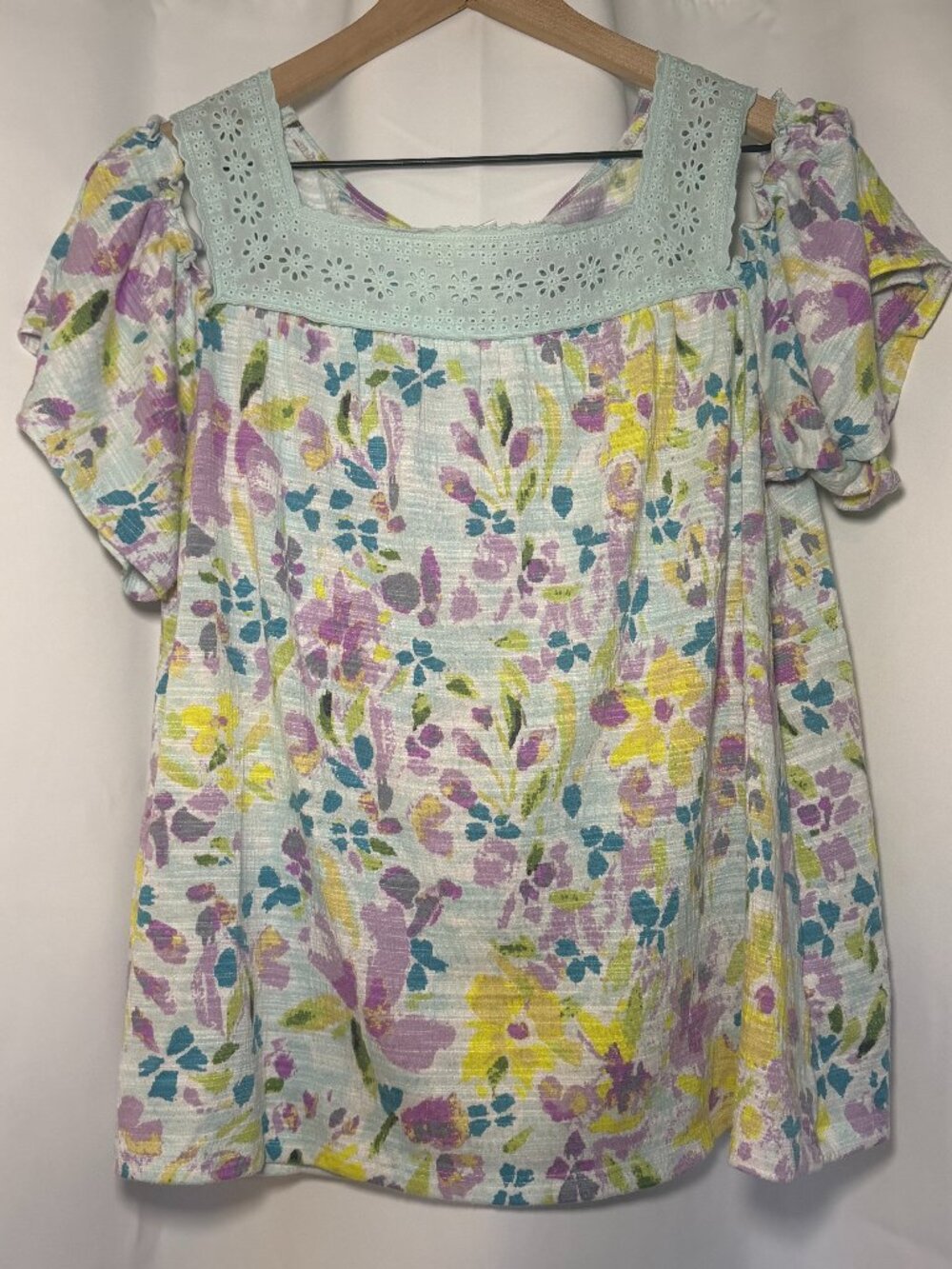 LC Lauren Conrad Cold-Shoulder Blouse Womens L Blue Purple Yellow Floral Boho EC